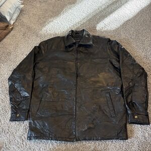 Explorer Leather Jacket Mens Large Tall / LT Black Collared Full Zip Bomber Art